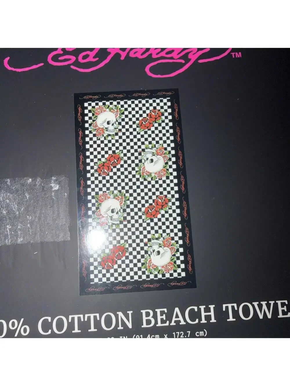 Ed Hardy Checkered Skull Rose Beach Towel 100% Cotton 36x68 NWT